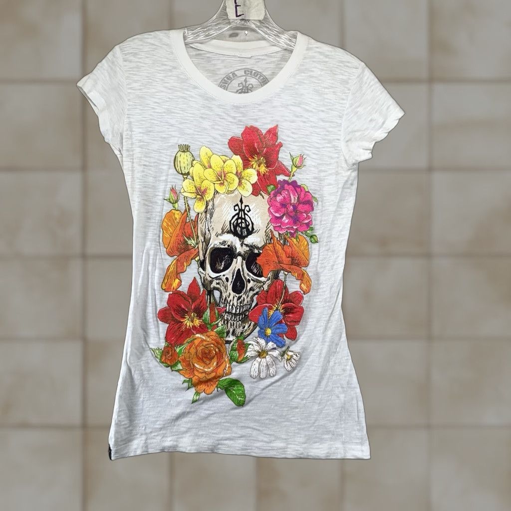 Vintage Women's Y2K Biker Top Medium Cotton Blend Short Sleeve White Bright Flowers Dark Skull Goth Casual Shirt Size M / US 6-8 / IT 42-44 - 1 Thumbnail