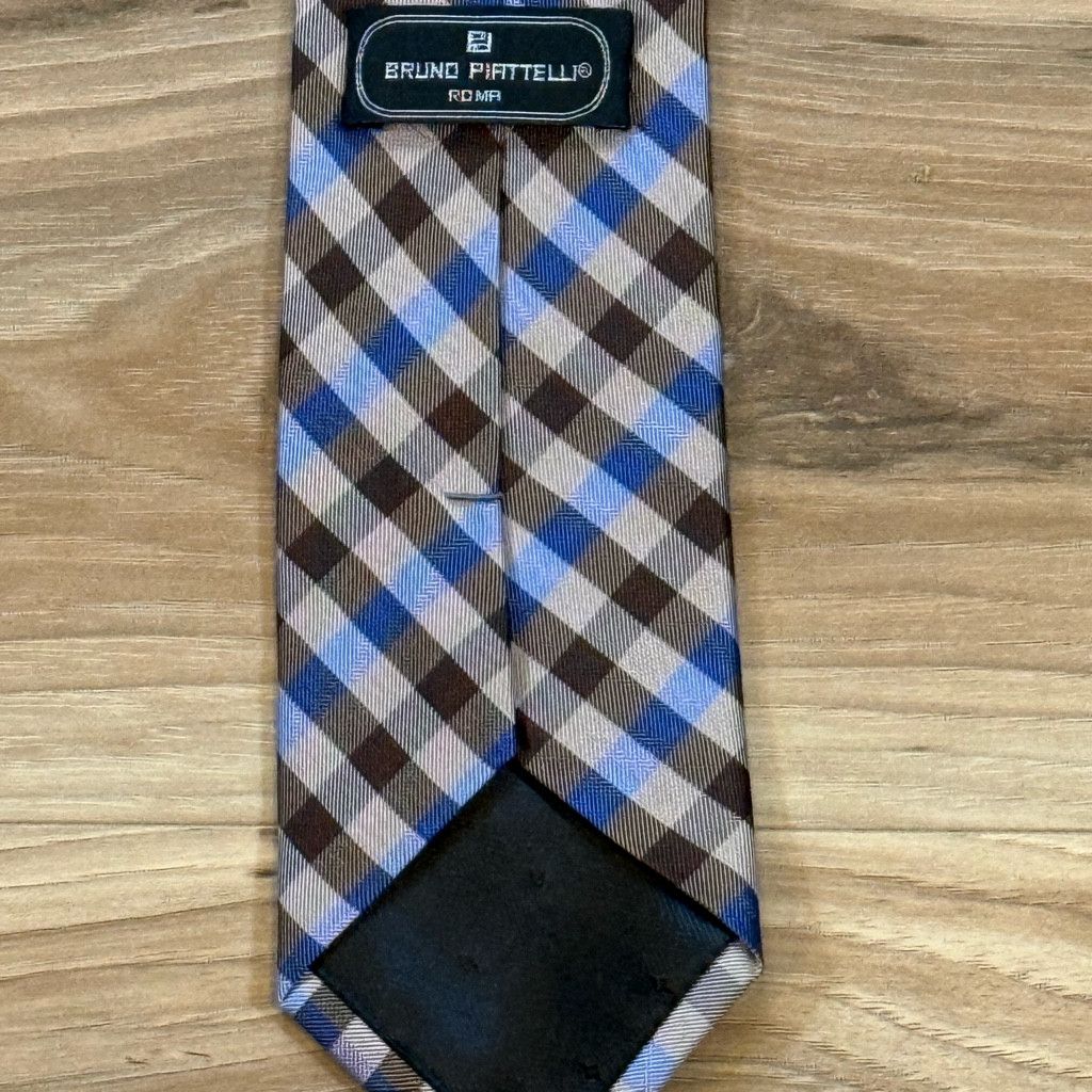 WISDOM Bruno Piattelli Men’s Silk Tie 3 3/8” Plaid Blue Brown China Size 26 - 2 Thumbnail