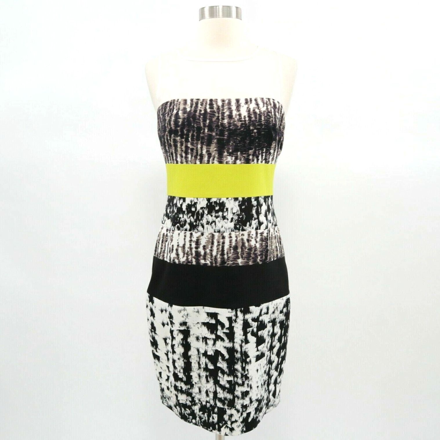 image of Vintage Bcbgmaxazria Sheath Dress Womens 4 Black White Yellow Sleeveless Sheer (Size Small)