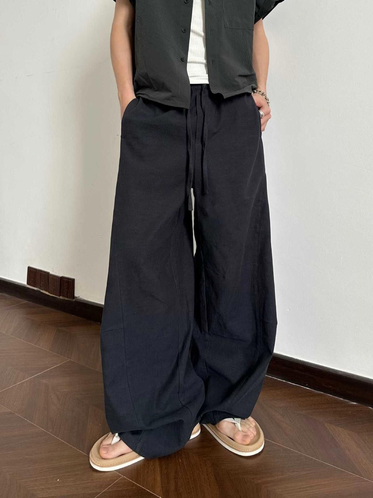 Beige Wide Leg Casual Linen Pants, Loose Fit Trousers