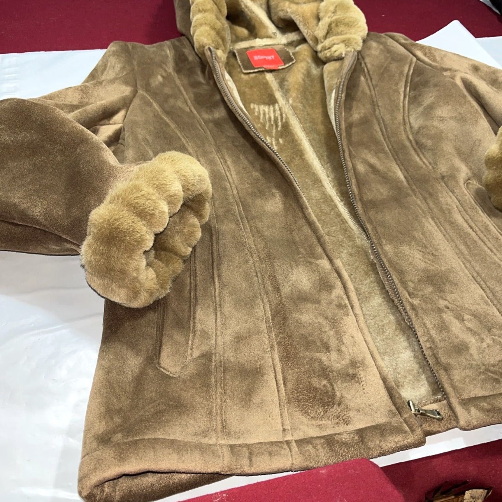 Esprit VINTAGE Esprit Coat Parka Casual Womens Tan Faux Fur SUEDE Hooded Zip Up Winter L Size L / US 10 / IT 46 - 2 Thumbnail