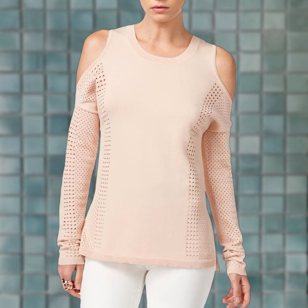 Bar III Bar III Cold-Shoulder Sweater Womens Pullover Ballet Pink XS Perforated Long Sleeve Size XS / US 0-2 / IT 36-38 - 1 Thumbnail