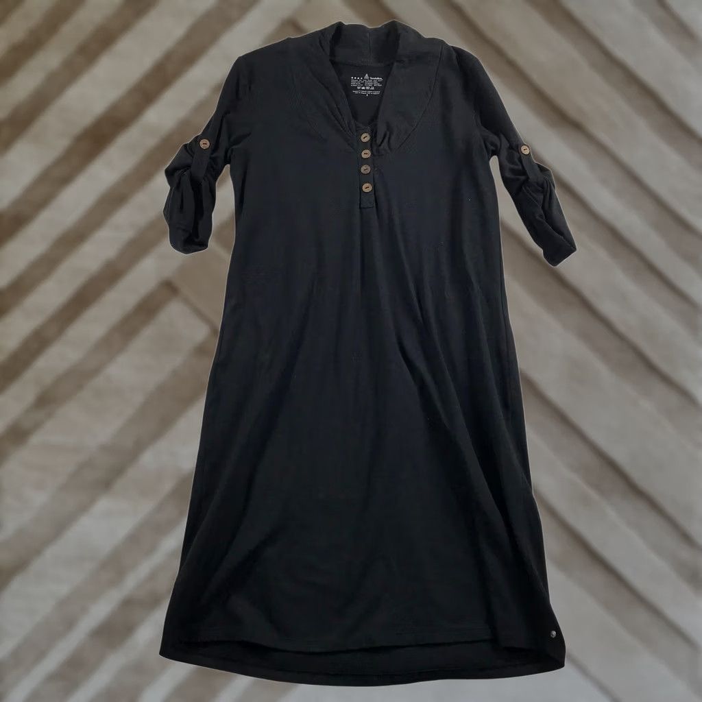 Vintage Neon Buddha Black Cotton Spandex Henley Midi Dress Small Size S / US 4 / IT 40 - 1 Thumbnail