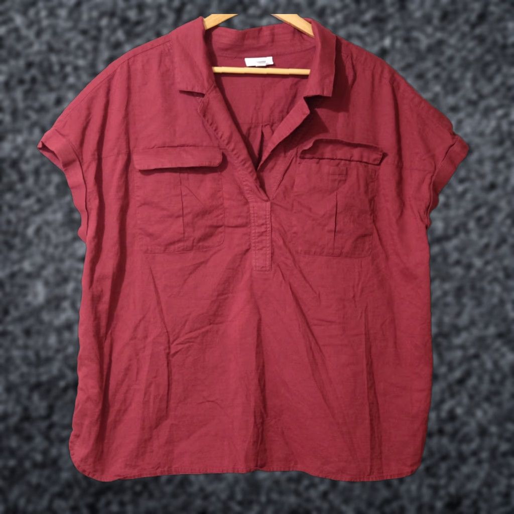 J. Jill J Jill Blouse Shirt Dark Red 2X Women's 100% Cotton Lightweight Dolman Sleeve Pullover Short Sleeve Pockets Size XXL / US 16-18 / IT 52-54 - 1 Thumbnail