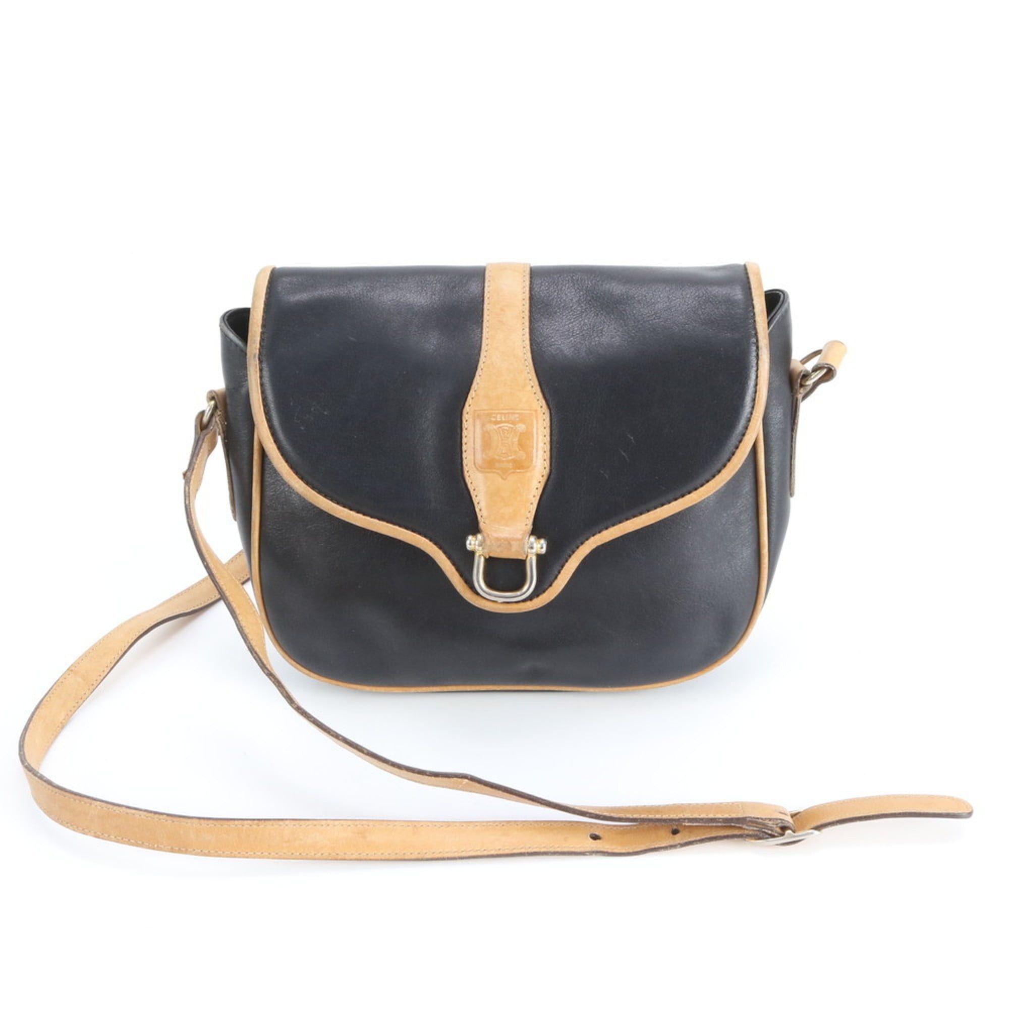 Celine Triomphe Leather Shoulder Bag Crossbody Black Women's in Beige