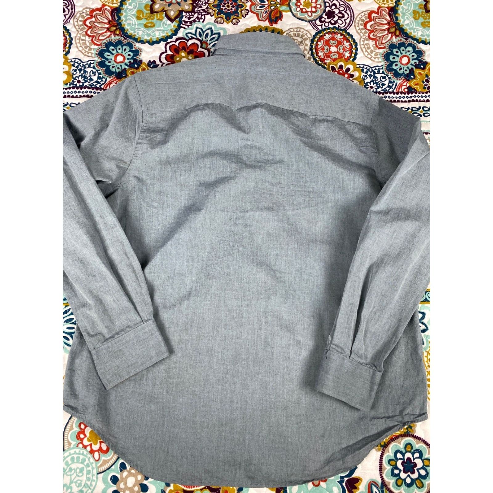 Perry Ellis Perry Ellis Mens Long Sleeve Dress Shirt Button-Up Sz L Gray Chest Pockets Shirt Men Long Sleeve Gray Pockets Classic Dress Shirt Size 42R - 4 Thumbnail