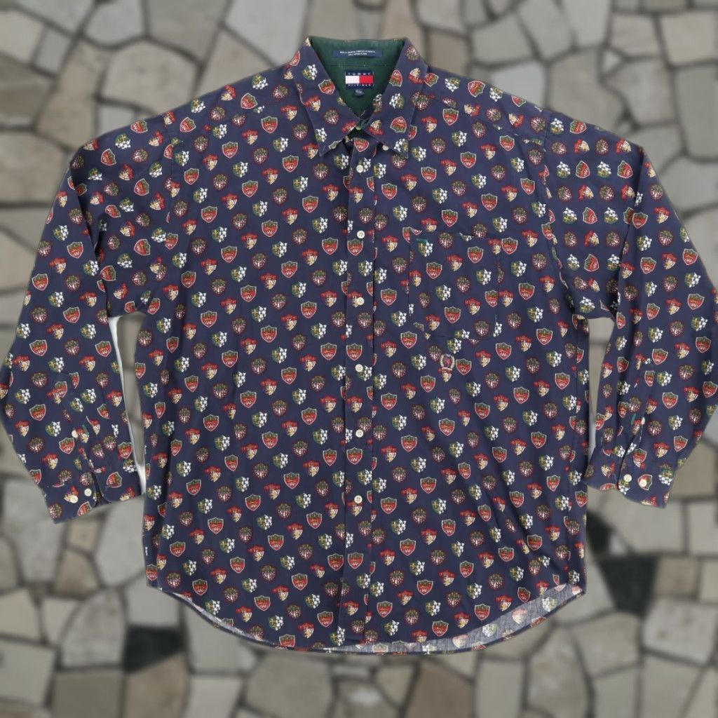 Tommy Hilfiger VINTAGE Tommy Hilfiger Crest Print Long Sleeve Button Down Shirt Navy Men's XL Size US XL / EU 56 / 4 - 1 Thumbnail