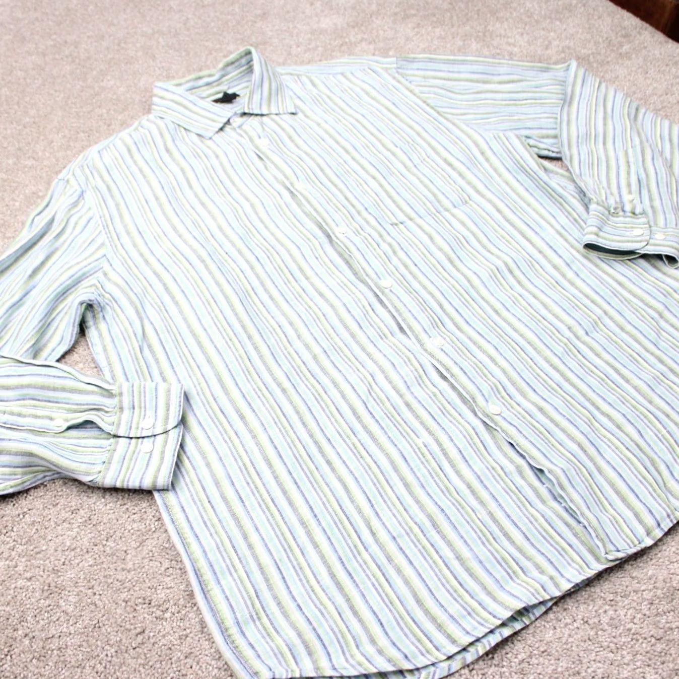 Express Express Shirt Mens XL Green/Blue Striped Long Sleeve Button-Up Irish Linen 90s Size US XL / EU 56 / 4 - 5 Thumbnail