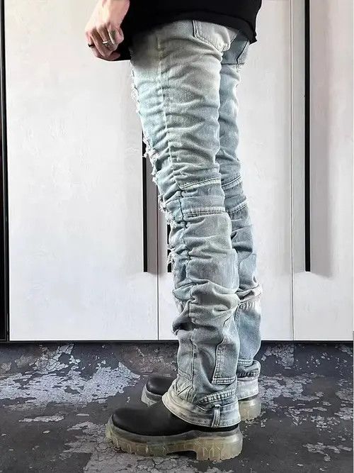 Jean Vintage washed blue ripped pleated street hip hop jeans Size US 32 / EU 48 - 3 Thumbnail