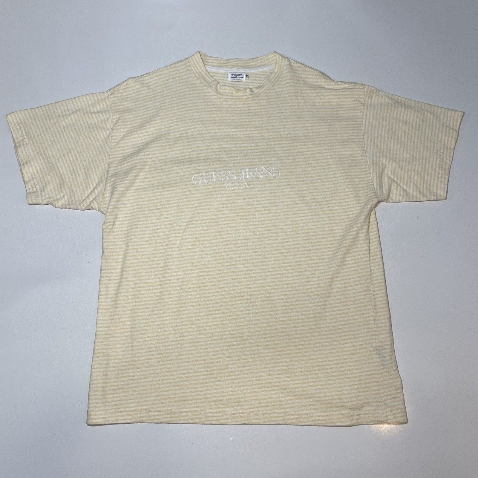 Guess VTG Guess Jeans LA T-Shirt Mens Logo Yellow White Stripe USA Size US M / EU 48-50 / 2 - 1 Thumbnail