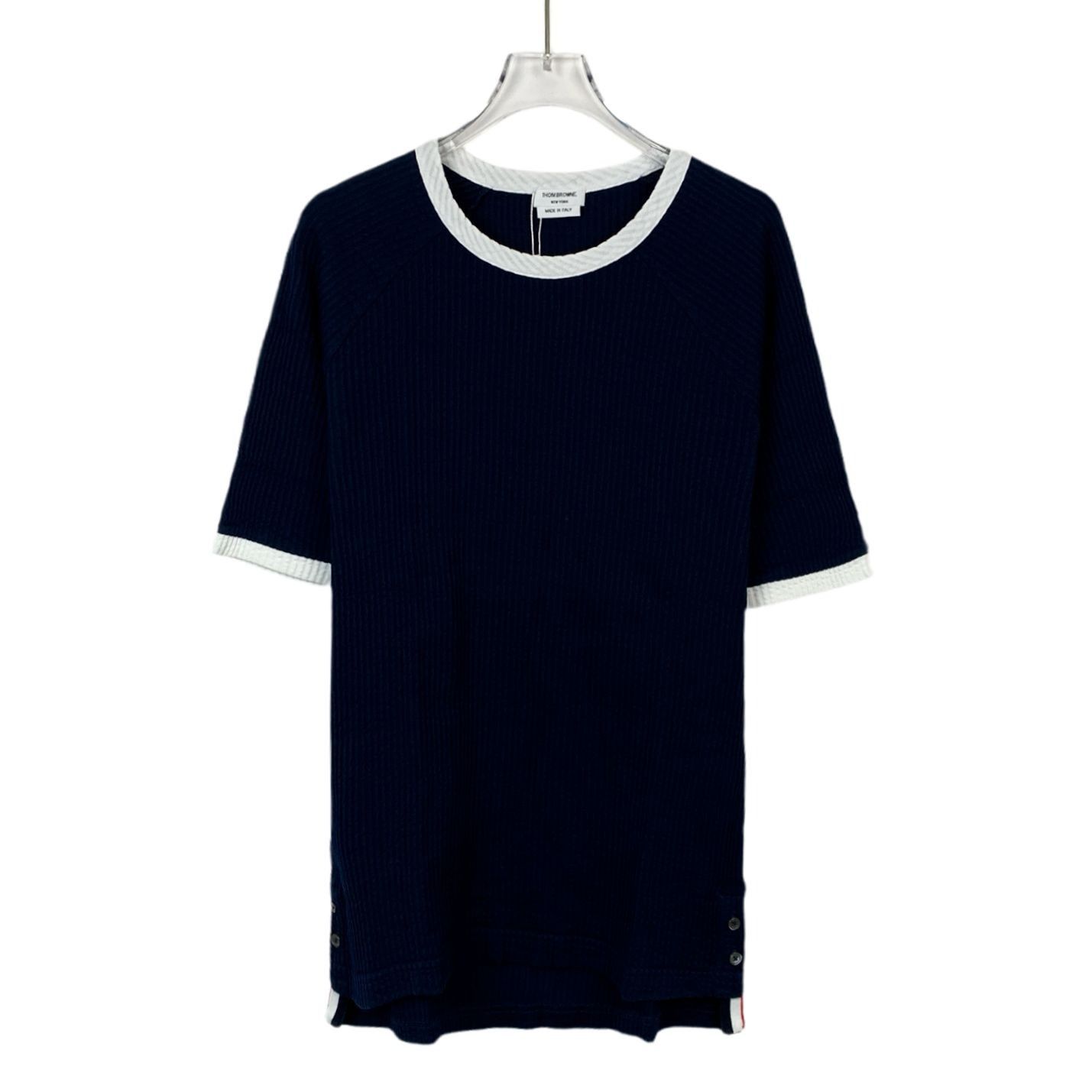 Thom Browne Thom Browne Navy & White Ribbed Cotton Short Sleeve T-Shirt Size US S / EU 44-46 / 1 - 1 Thumbnail