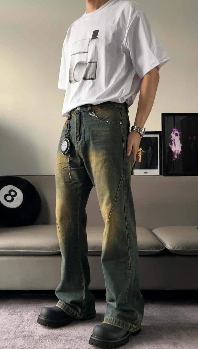 faded dirty washed flared grunge jeans