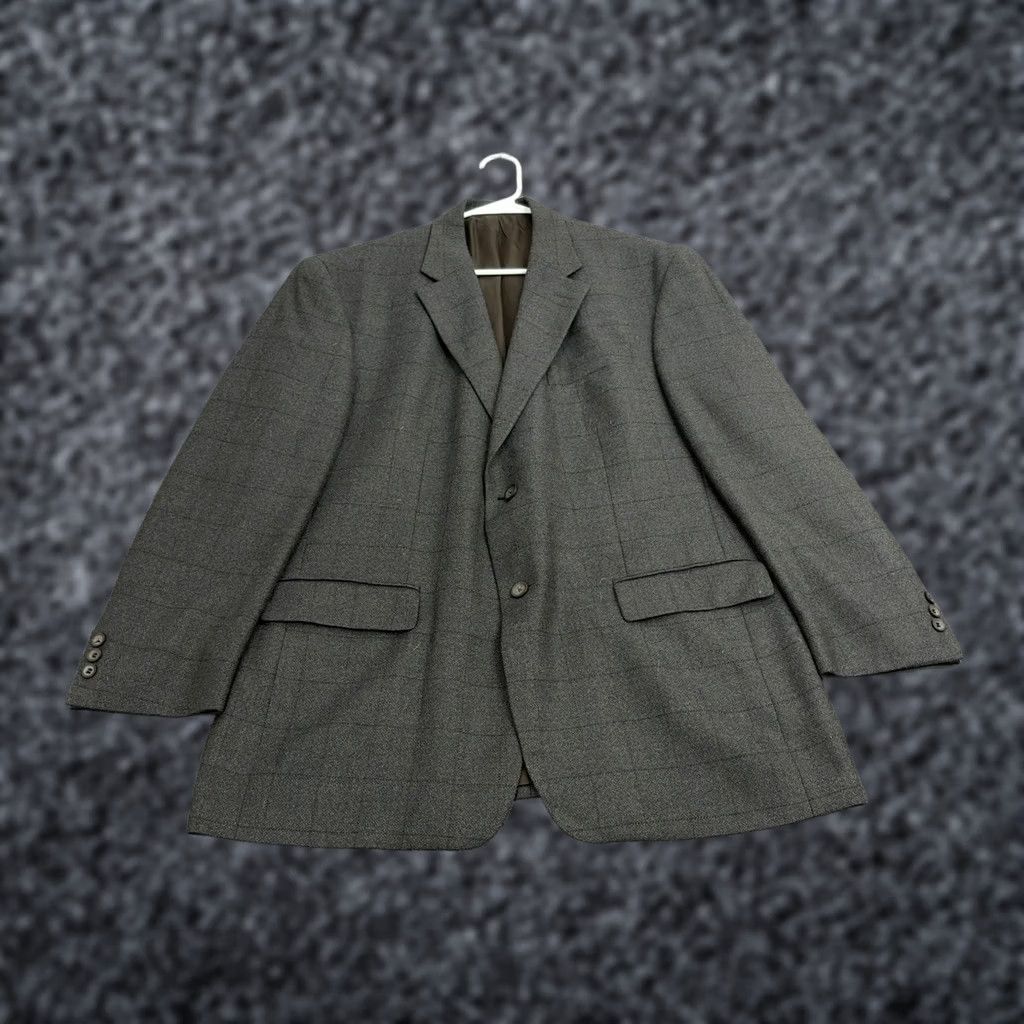 Oscar De La Renta Oscar de la Renta Blazer Mens 44R Grey Wool Cashmere Plaid Windowpane Two-Button Notch Lapel Classic Sport Coat Regular Size 44R - 1 Thumbnail