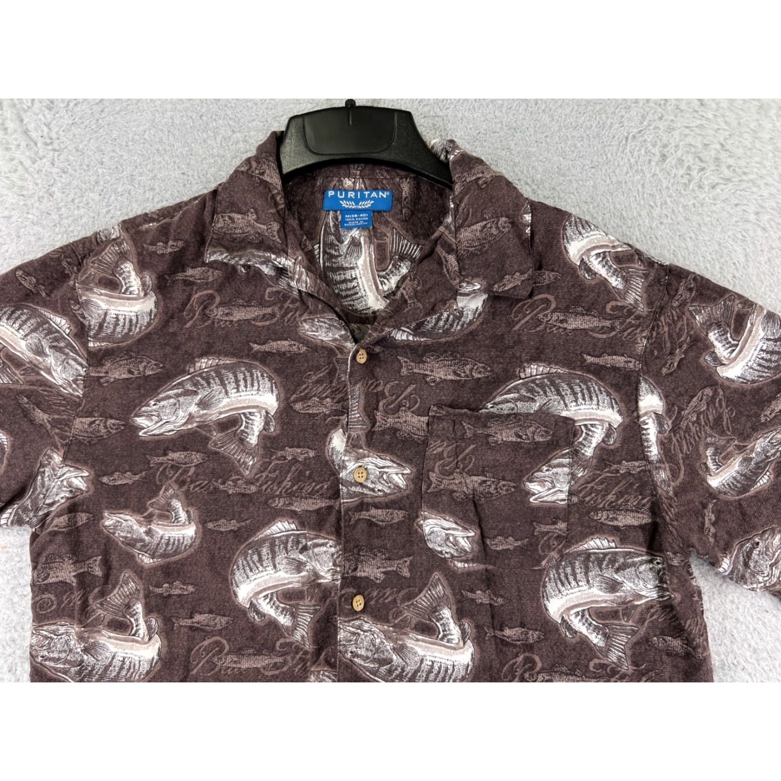 Vintage PURITAN Shirt Mens M Brown Fish Bass Fishing Rayon Button-Up Hawaiian Size US M / EU 48-50 / 2 - 4 Thumbnail