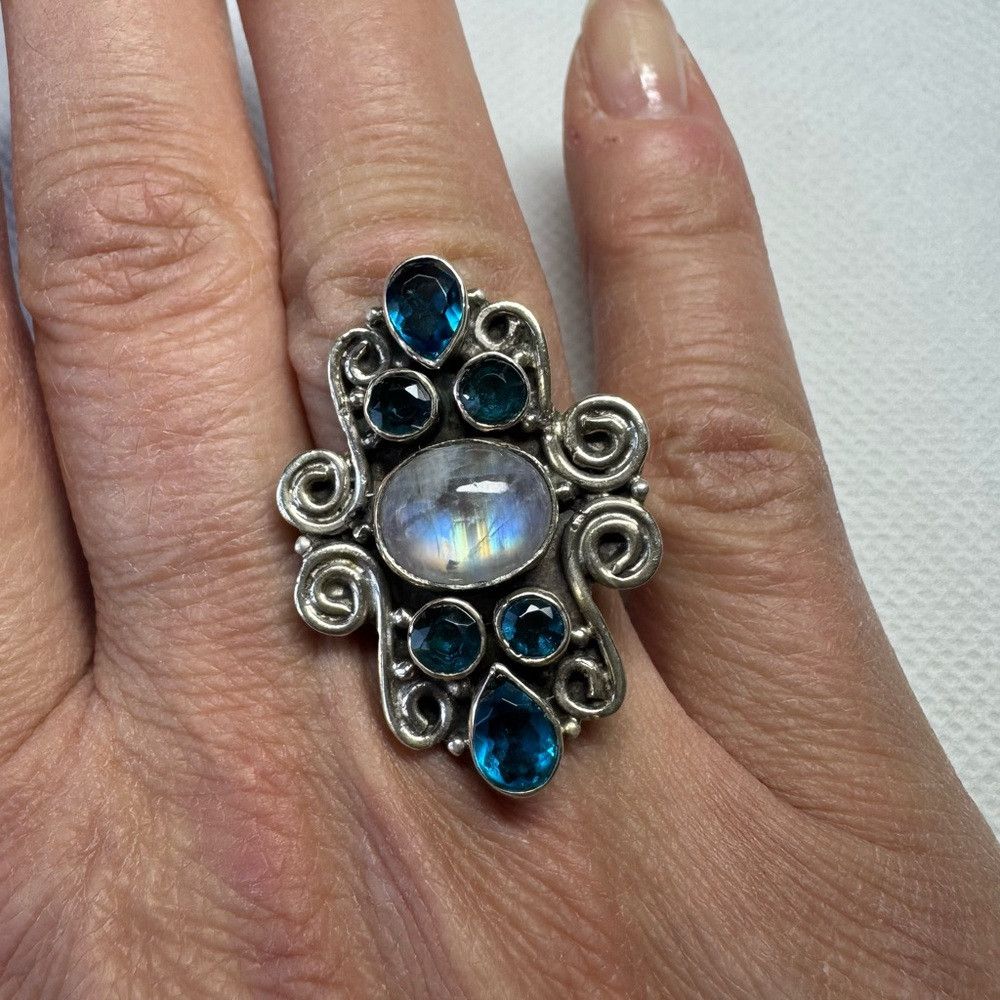 Other VIntage Art Deco Artisan Sterling Silver Ring with Blue Whi Size ONE SIZE - 1 Thumbnail