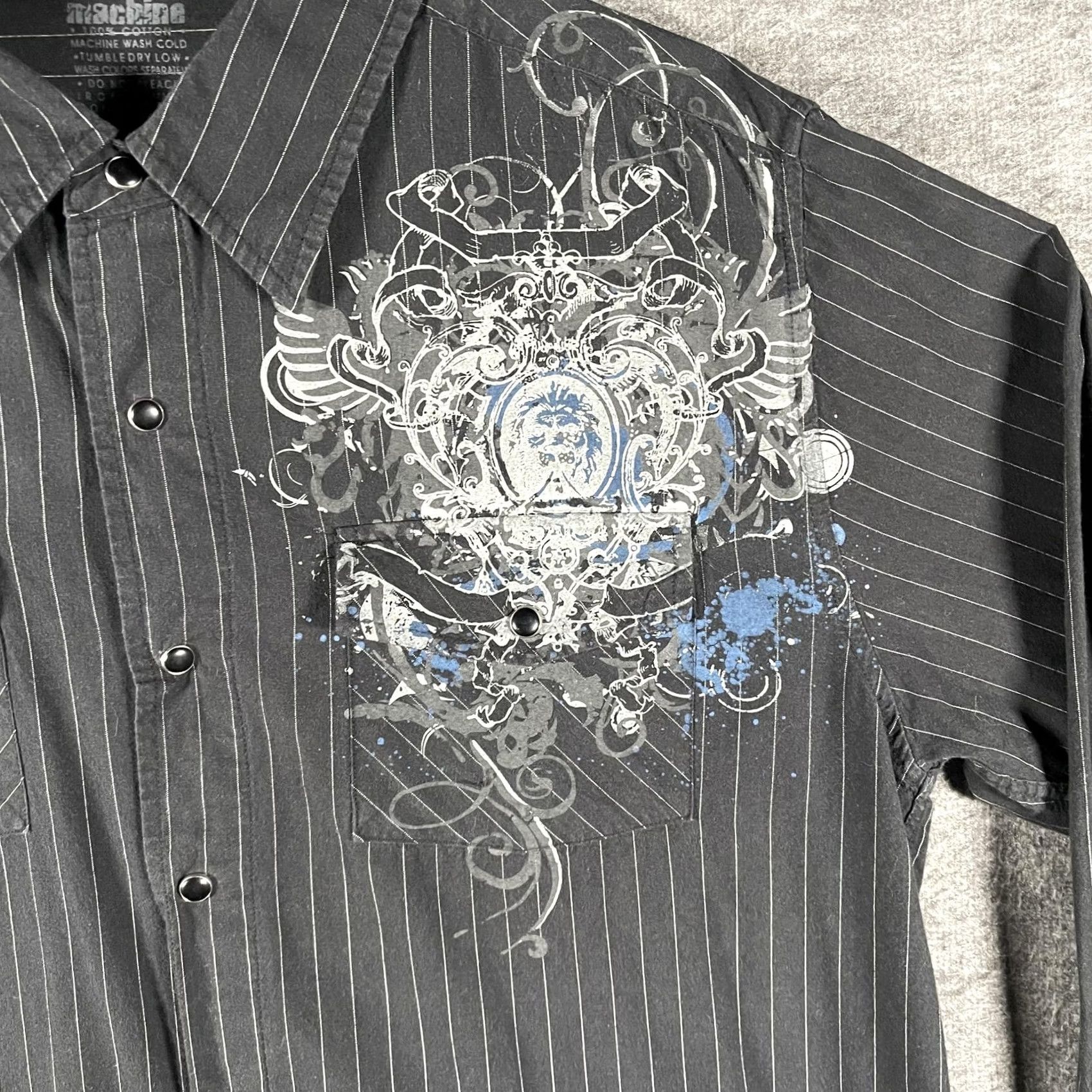 Toy Machine Machine Shirt Mens Medium Black Pinstripe Pearl Snap Crest Graphical Rockabilly Size US M / EU 48-50 / 2 - 4 Thumbnail