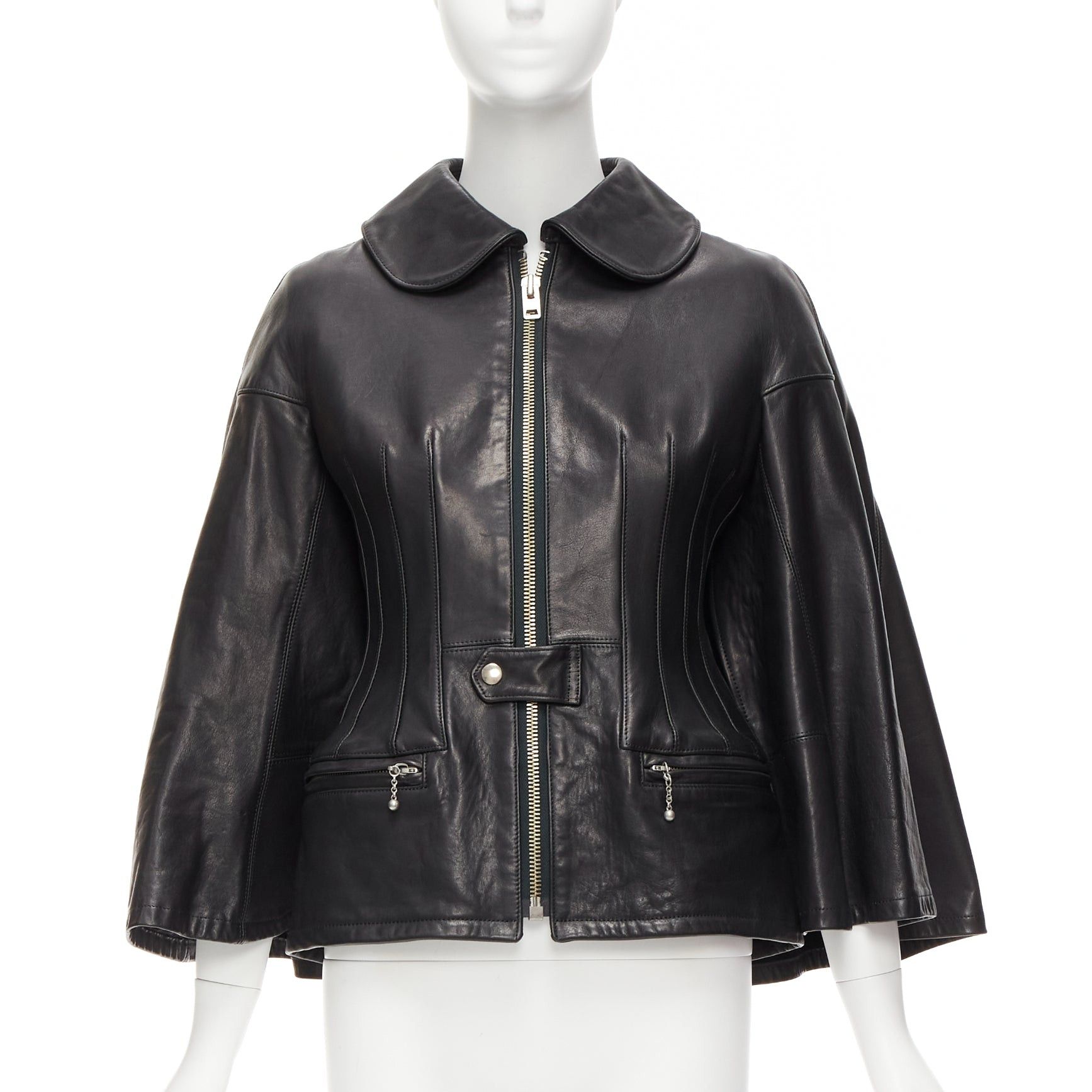 image of Junya Watanabe 2011 Runway Black Leather Corset Bodice Cape Sleeve Jacket Xs, Women's