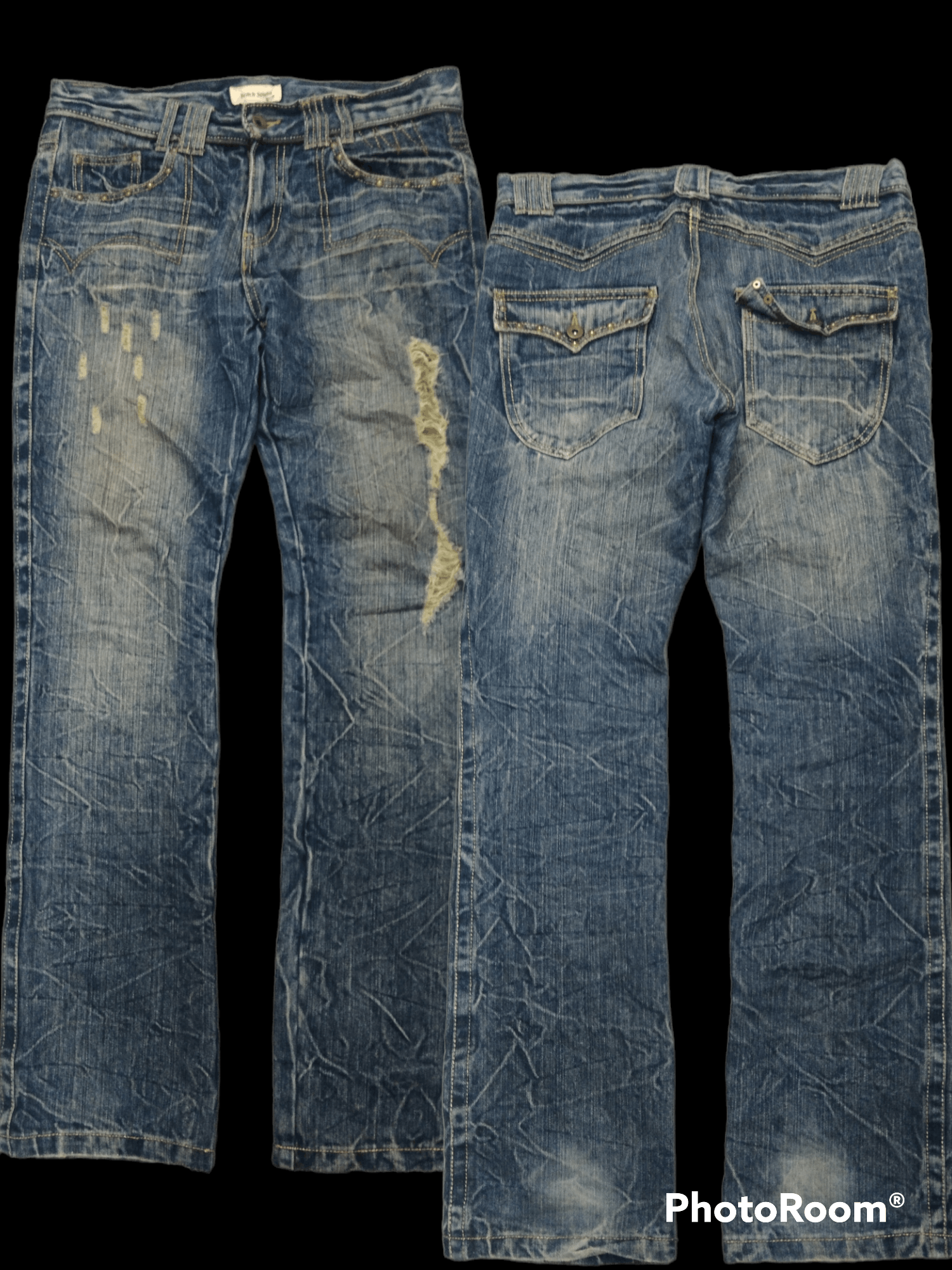 image of Avant Garde Sick Riped Studded Pocket Beach Sound Denim Pants in Blue Distressed, Men's (Size 31)