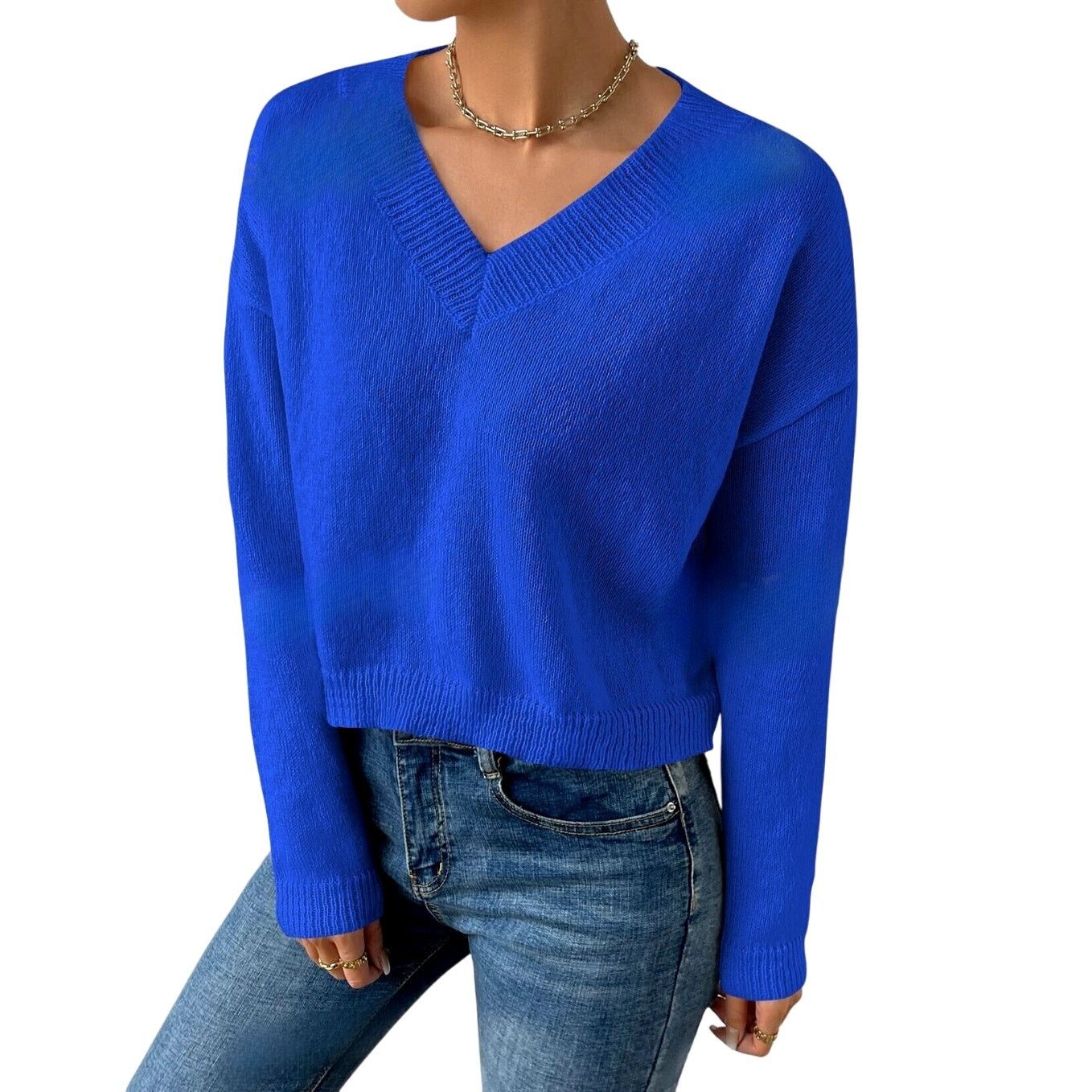 Shein V-Neck Drop Shoulder Sweater in Blue, Size XS Size XS / US 0-2 / IT 36-38 - 1 Preview