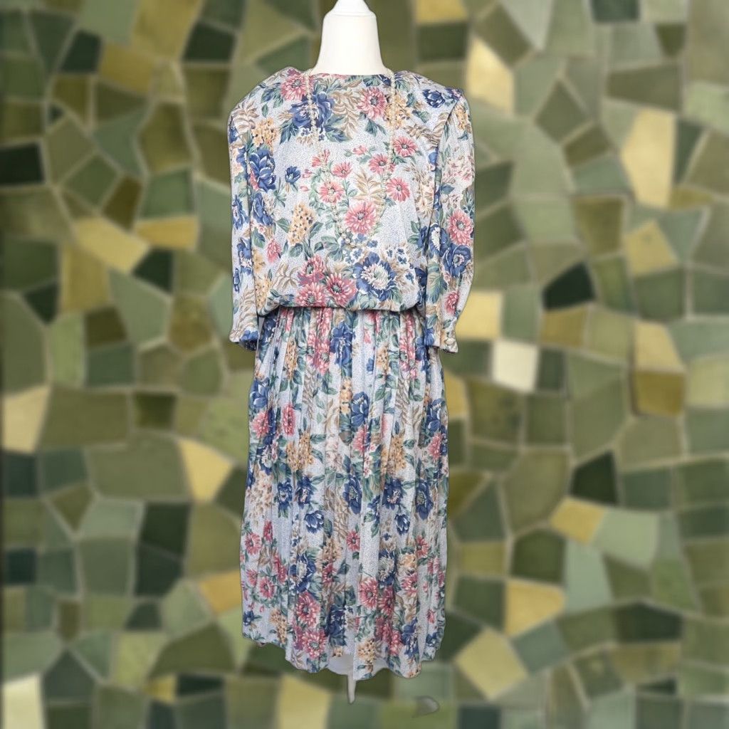 Vintage VINTAGE Cue 80s Midi Dress Knots Blue Pink Grey Floral Bohemian 10 Womens Size L / US 10 / IT 46 - 1 Thumbnail