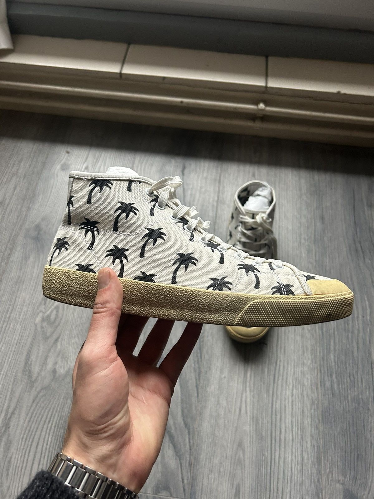 Saint Laurent Paris Palm Tree Print Canvas High-Top Sneakers Size US 7.5 / EU 40-41 - 4 Thumbnail