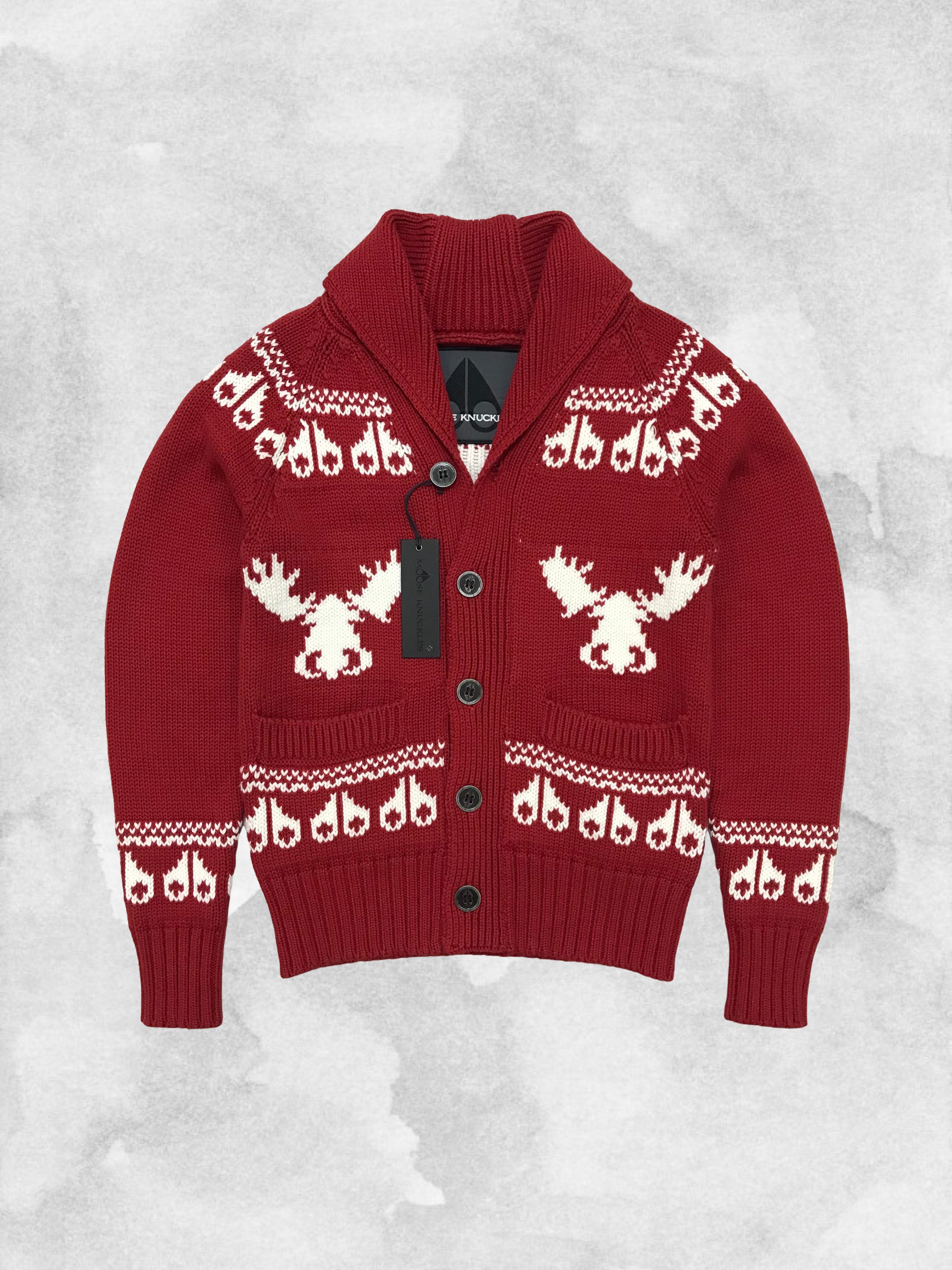image of Moose Knuckles Knit Sweater Button Cardigan Pullover in Red White, Men's (Size Medium)