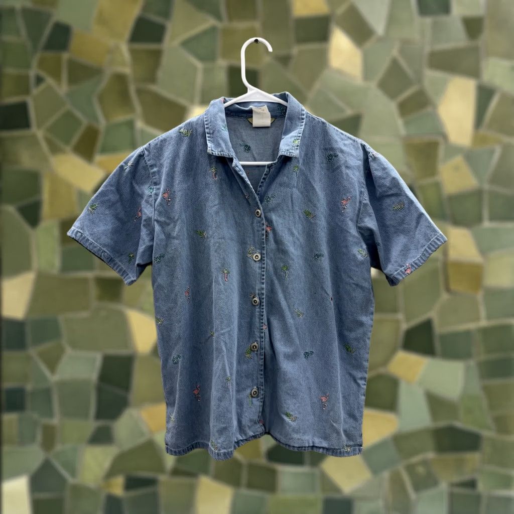 Vintage Teddi Womens Shirt Button-Up Collared Chambray Blue Size M Stitched Embroidered Vintage Shirt Women Regular Fit Long Sleeve Lightweight Casual Size M / US 6-8 / IT 42-44 - 1 Thumbnail