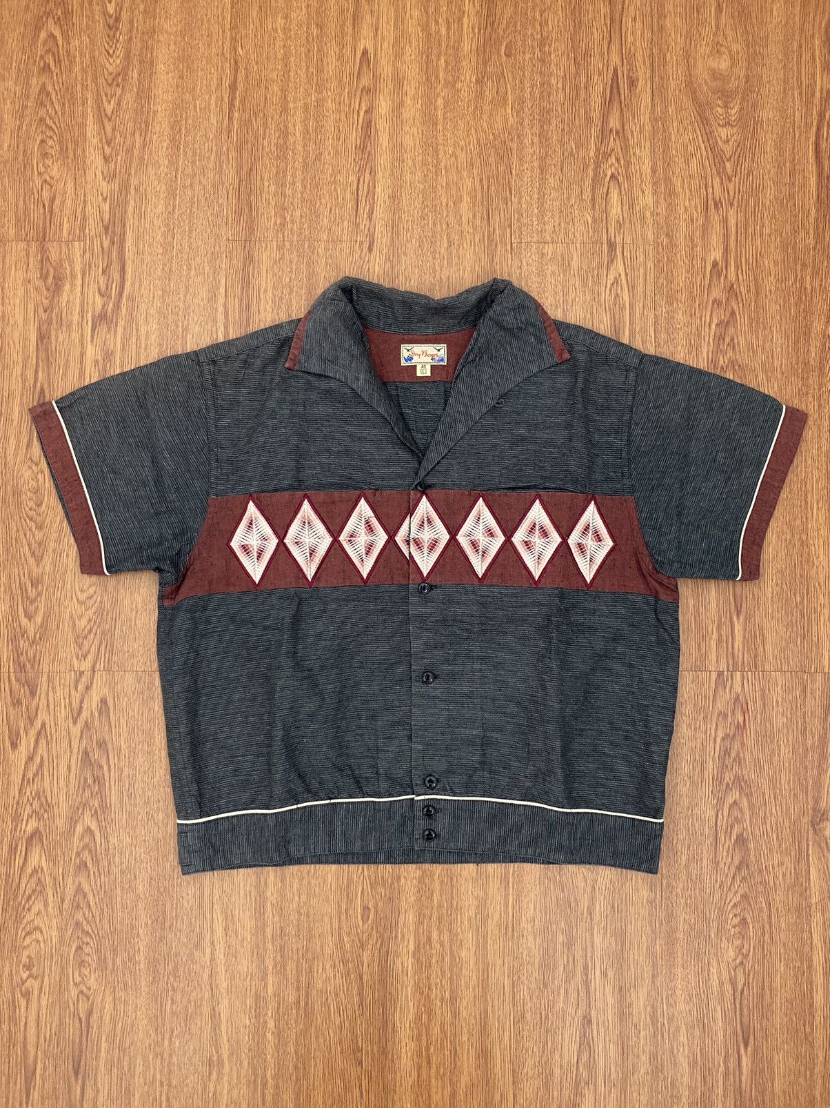 image of Dry Bones Boxy Open Collar Shirt in Grey/Maroon, Men's (Size Large)