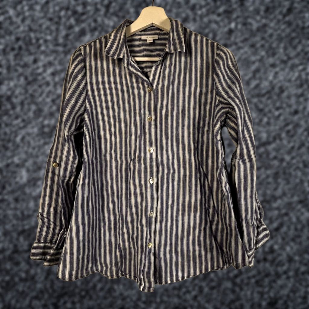 J. Jill J.Jill Love Linen Blue Striped Button-Up Shirt Small Petite Long Sleeve Womens Shirt Size S / US 4 / IT 40 - 1 Thumbnail