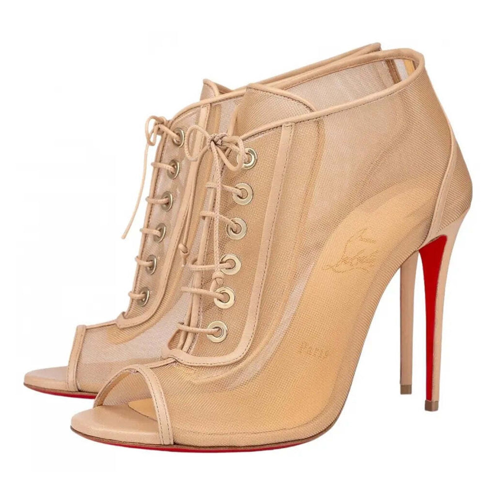 Christian Louboutin Open Ondessa 100 Nude Mesh Lace Up Tie Ankle Heel Bootie 40 Size US 10 / IT 40 - 1 Thumbnail
