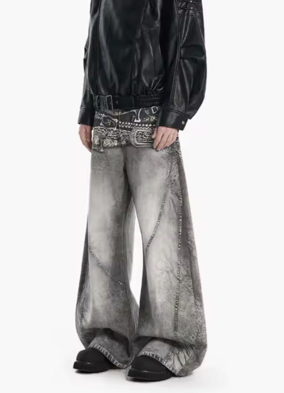Japanese Brand Mud Wash Wide Leg Denim - Y2K Double Belt Graphic Size US 33 - 4 Thumbnail