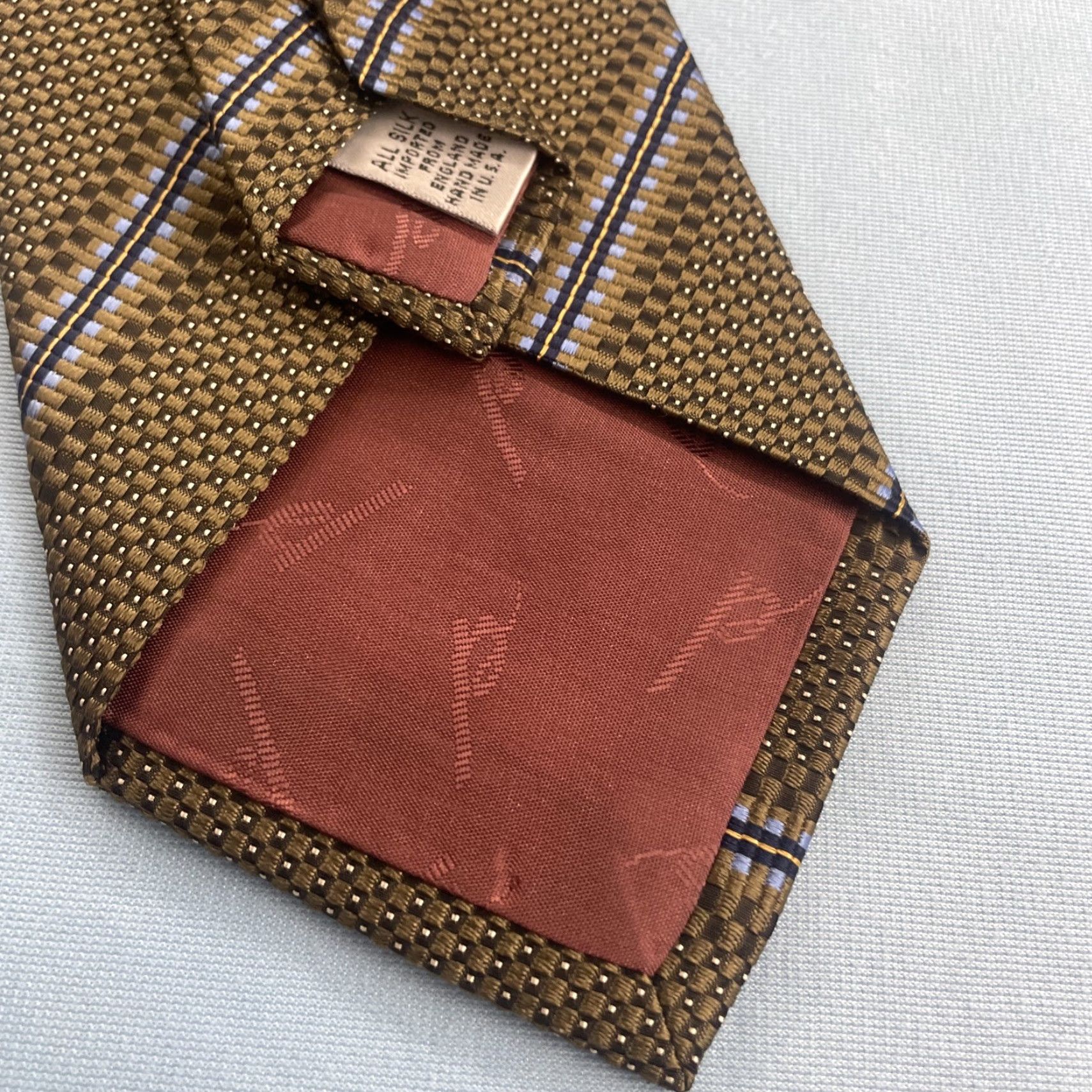 Vintage VINTAGE XMI Designer Tie Men Silk 100% Silk Hand Made Classic 57"-60" Brown Gold Black Blue Geometric Striped Accents Executive Wide 1990s USA Mens Size ONE SIZE - 7 Thumbnail