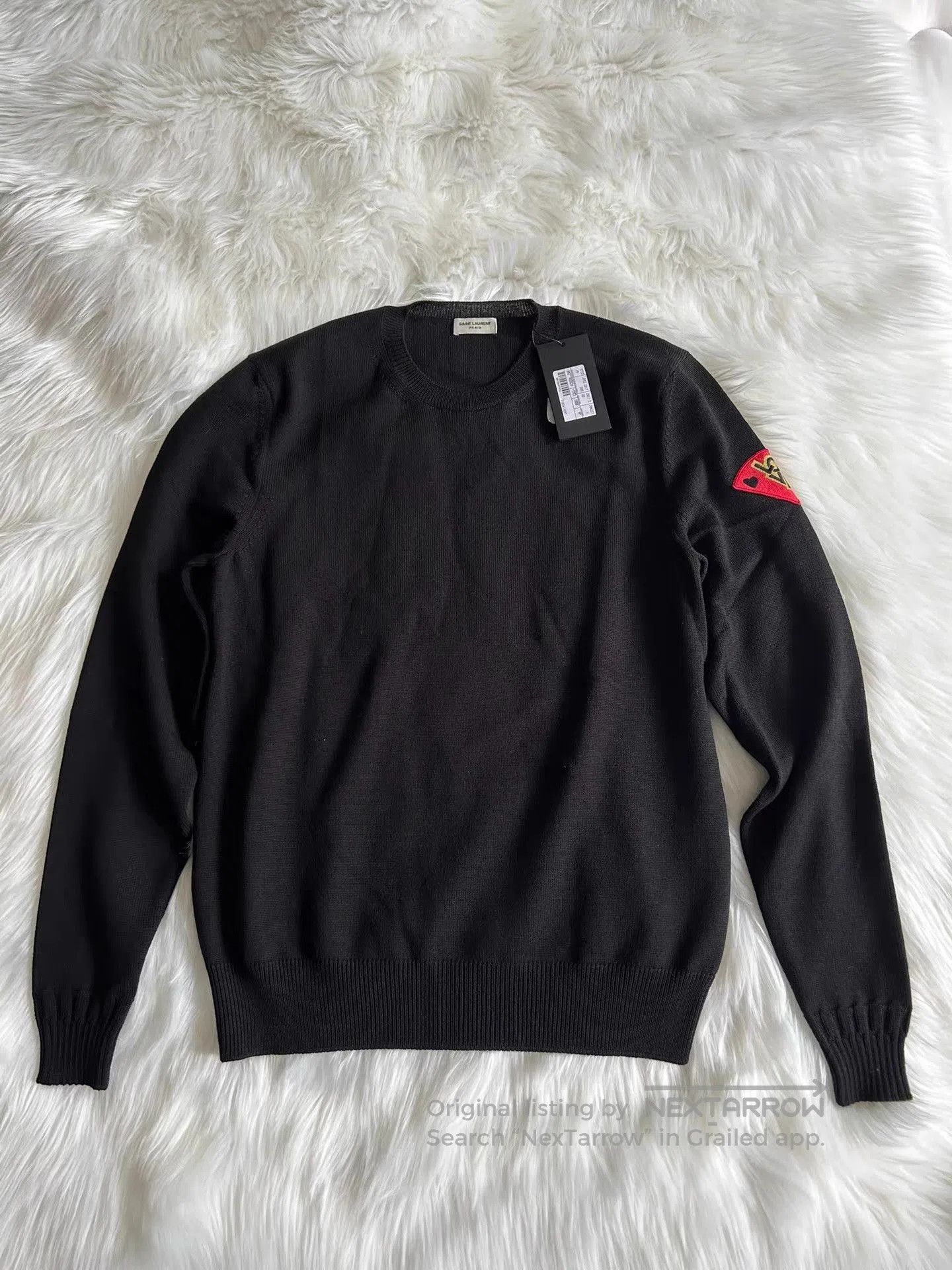 Saint Laurent Paris Black Long Sleeve Sweater with Red Arm Patch. Size US M / EU 48-50 / 2 - 1 Thumbnail