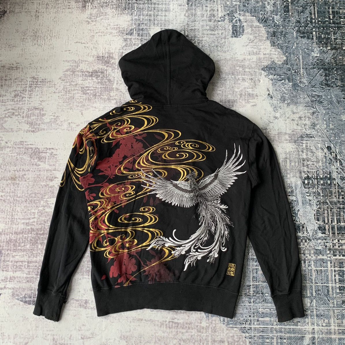image of If Six Was Nine x Kmrii Karakuri Tamashi Flaming Bird Embroidered Zip Up Hoodie in Black (Size Medi