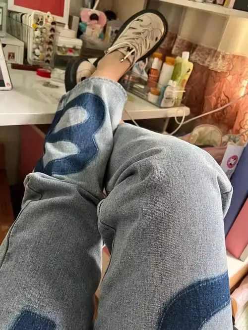 Jean Graphic Casual Pants Straight Wide Leg Jeans Size US 32 / EU 48 - 2 Thumbnail
