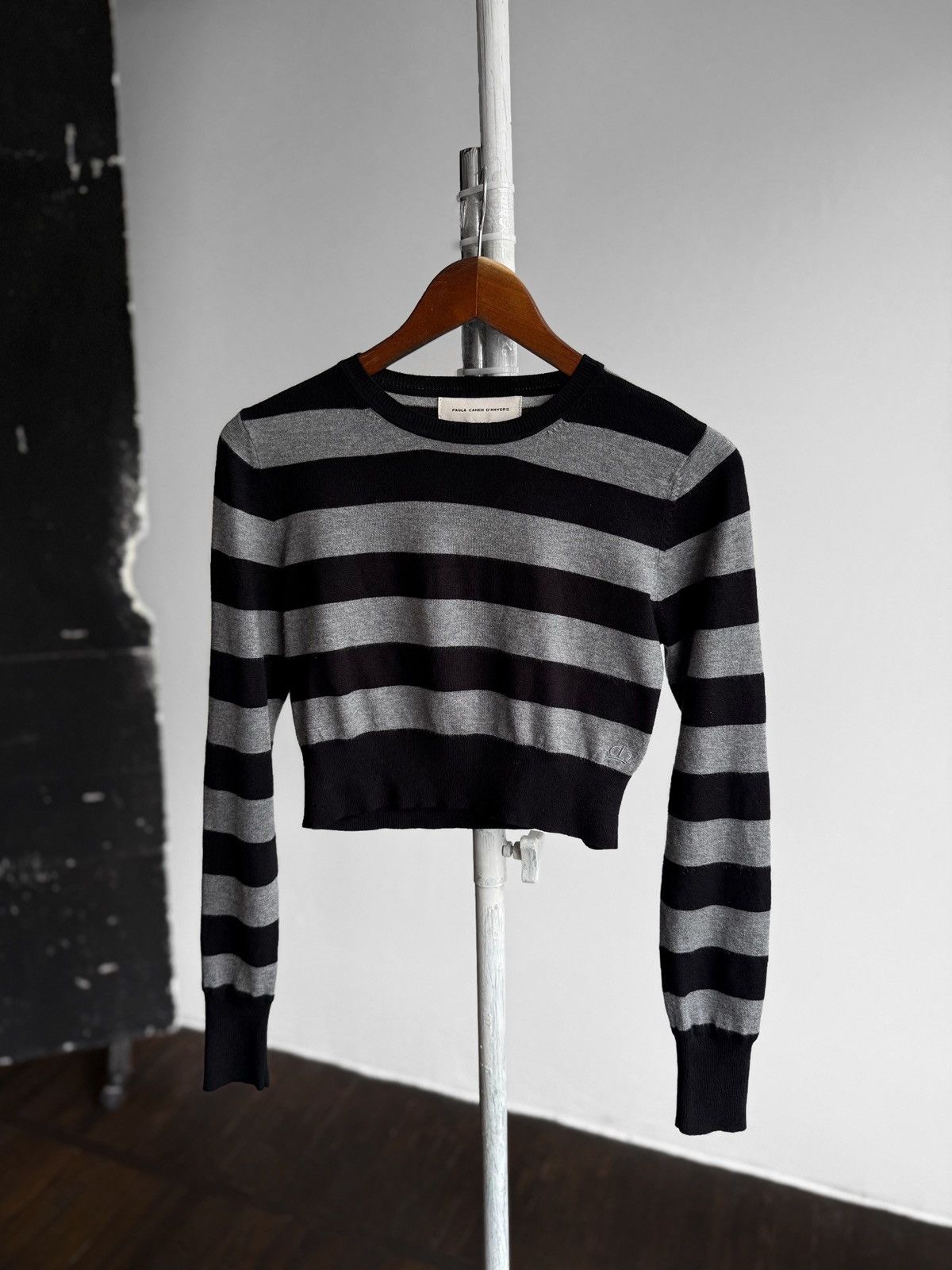 Designer Paula Cahen D’Anvers Black Grey Striped Knit Crop Sweater Size M / US 6-8 / IT 42-44 - 3 Thumbnail