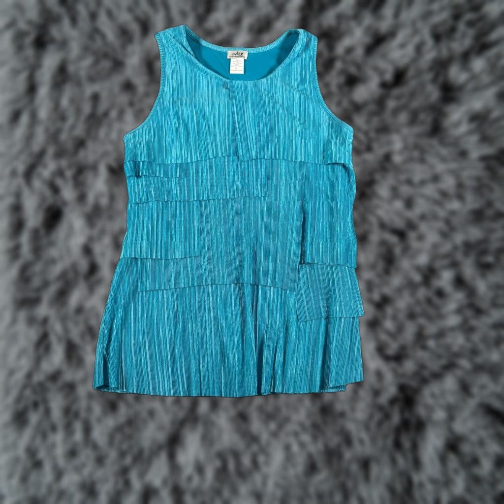 AQUA CDW Tank Women M Blue Tiered Medium Textured Pleated Satin Retro Aqua Blue Party Casual 90s Size M / US 6-8 / IT 42-44 - 1 Thumbnail