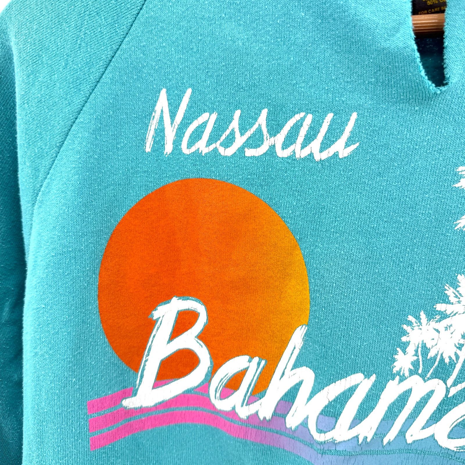 Jerzees Vintage 90s Teal Graphic Nassau Sunset Raglan Sweatshirt Size M / US 6-8 / IT 42-44 - 2 Thumbnail