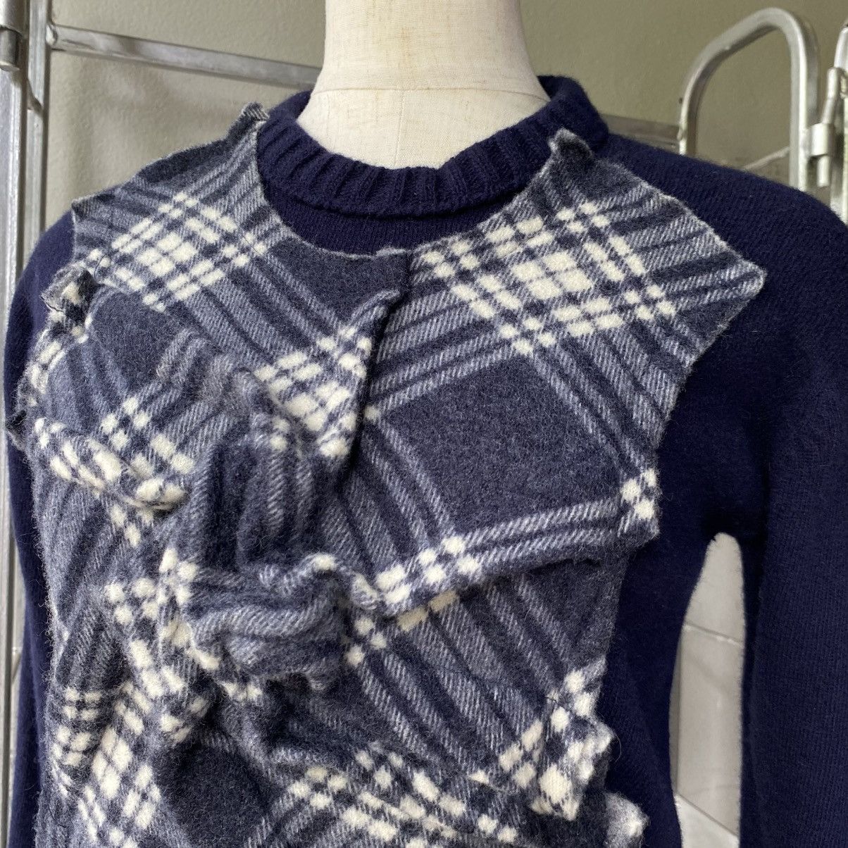 Japanese Brand A/T Navy Blue Sweater with Plaid Ruffle Front Size S / US 4 / IT 40 - 14 Thumbnail