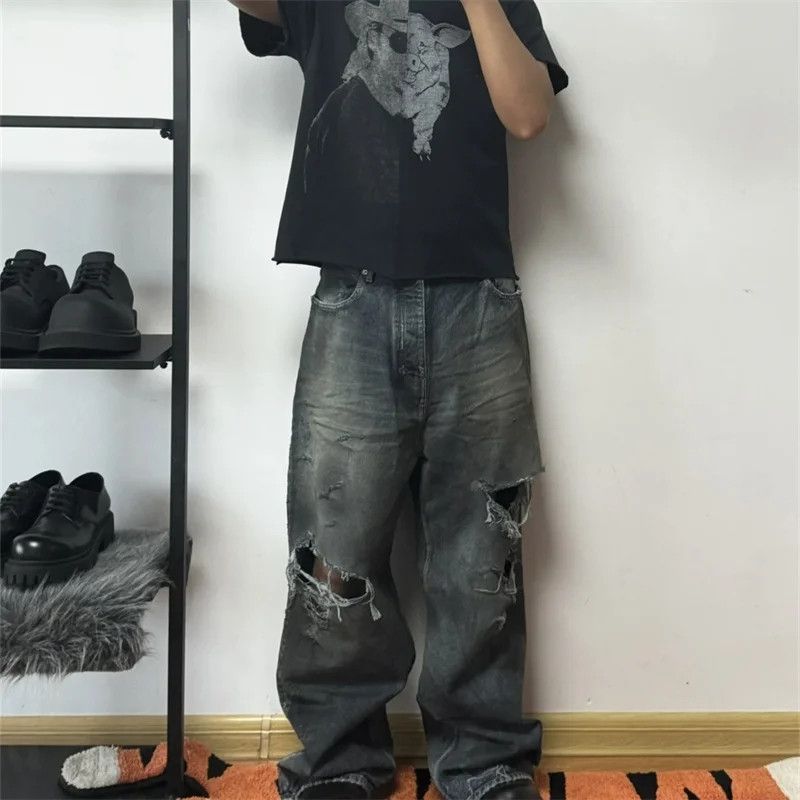 Mud denim Homeless Style Distressed Ripped hole baggyJeans