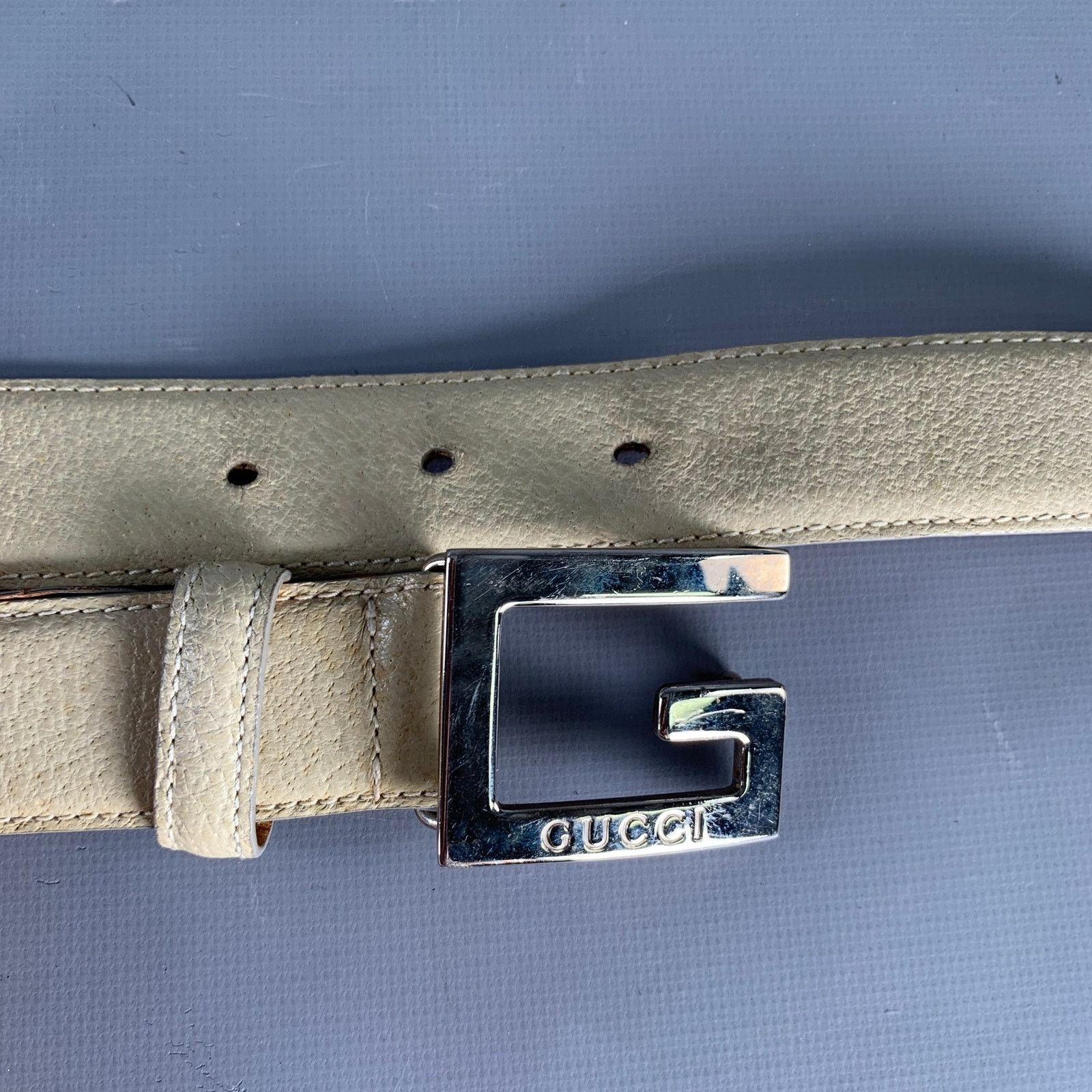 Gucci GUCCI Size 36 Beige Silver Leather Belt Size 36 - 10 Thumbnail