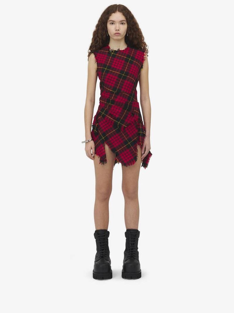Alexander McQueen o1srvl11e0326 Distressed Tartan Mini Dress in Red/Black Size XL / US 12-14 / IT 48-50 - 4 Thumbnail