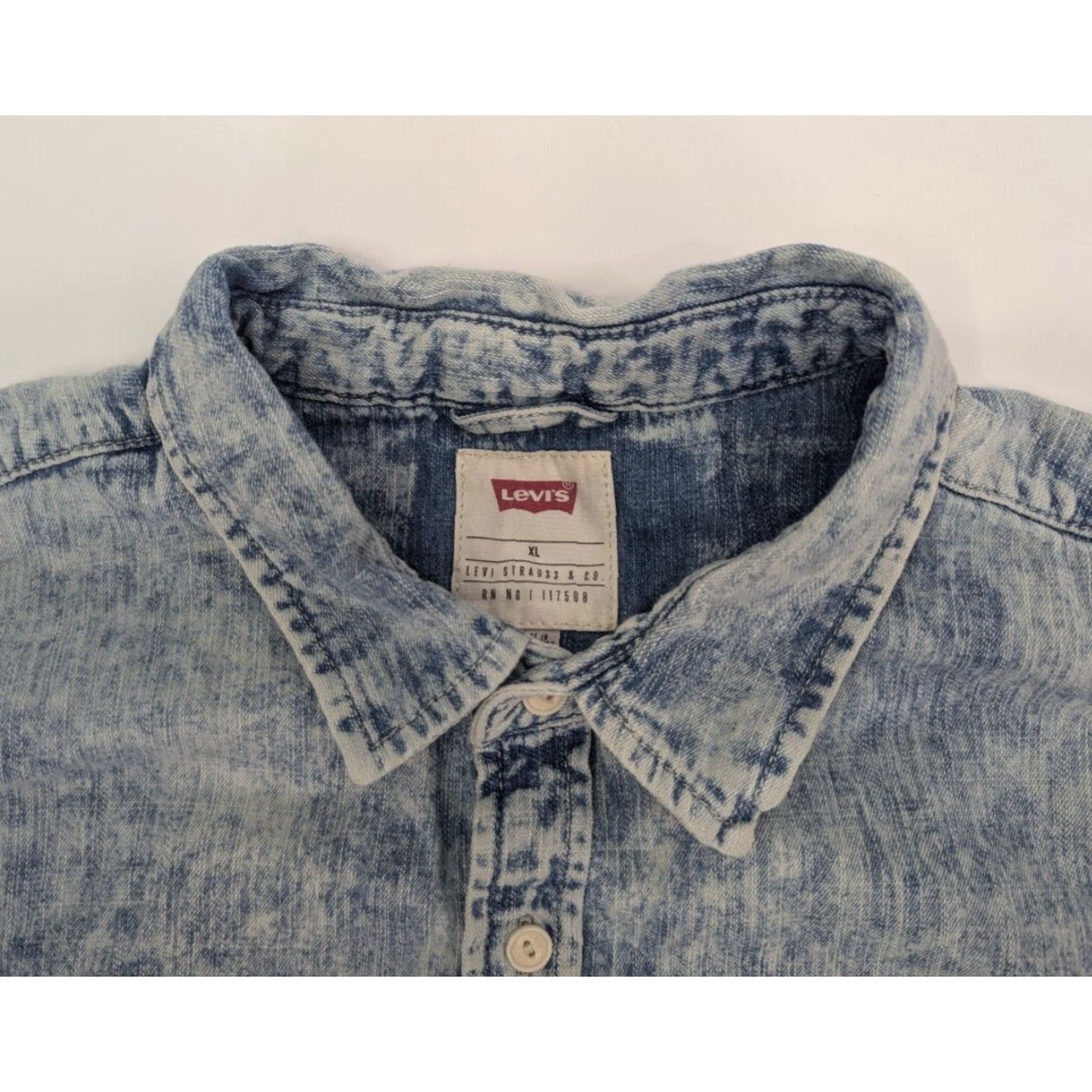 Levi's Levis Button-Up Denim Shirt Mens XL Blue Short Sleeve Stonewashed Bleached Cotton Casual Travel Size US XL / EU 56 / 4 - 5 Thumbnail