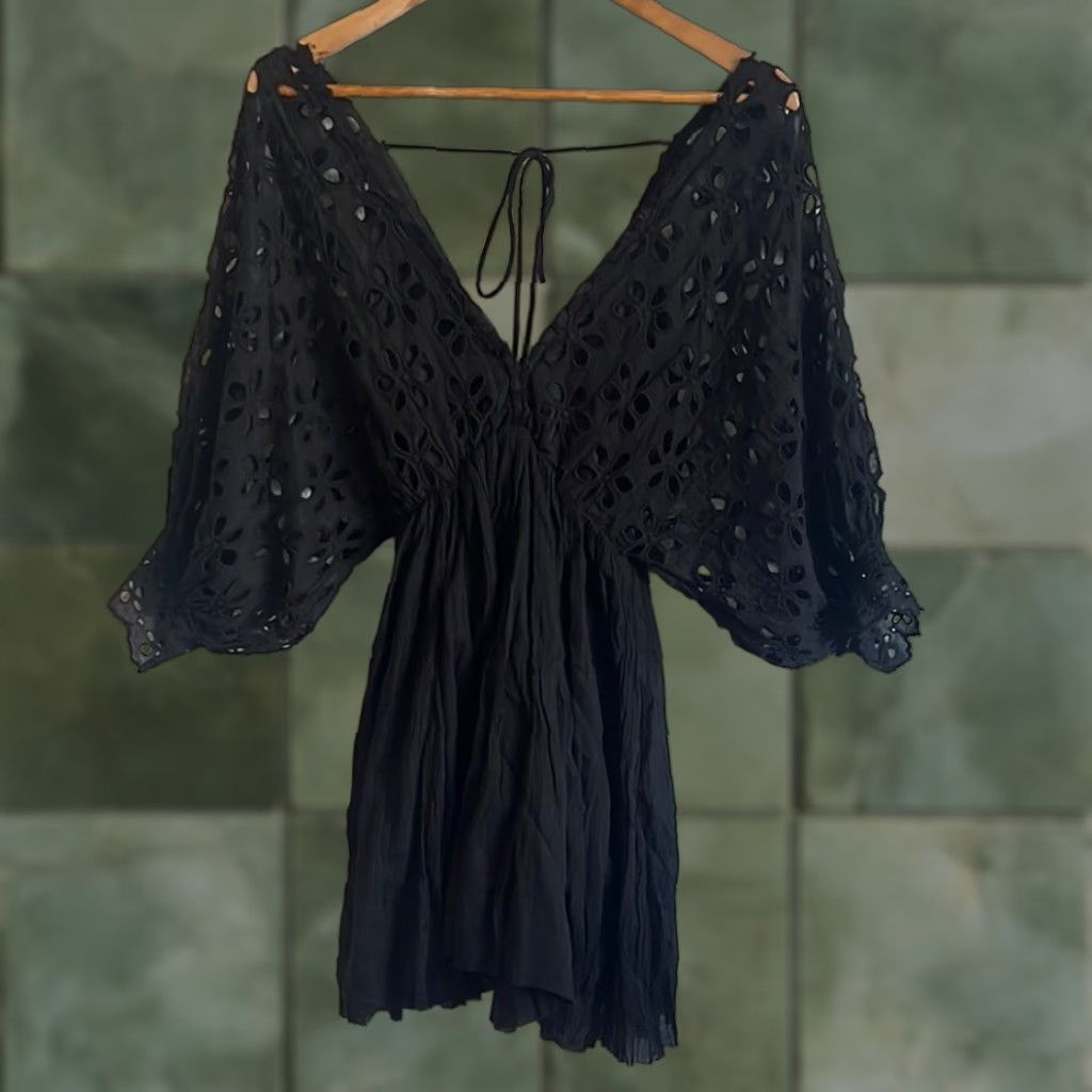 Free People Black Eyelet Dress Tie Back Womens Dress Short S Black A-Line Tie Back Womens