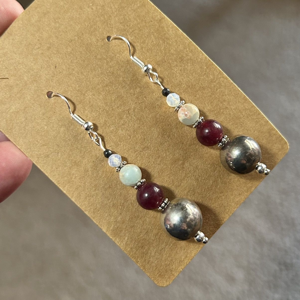 Handmade Handcrafted elegant vintage bead garnet opalite earrings Size ONE SIZE - 1 Thumbnail