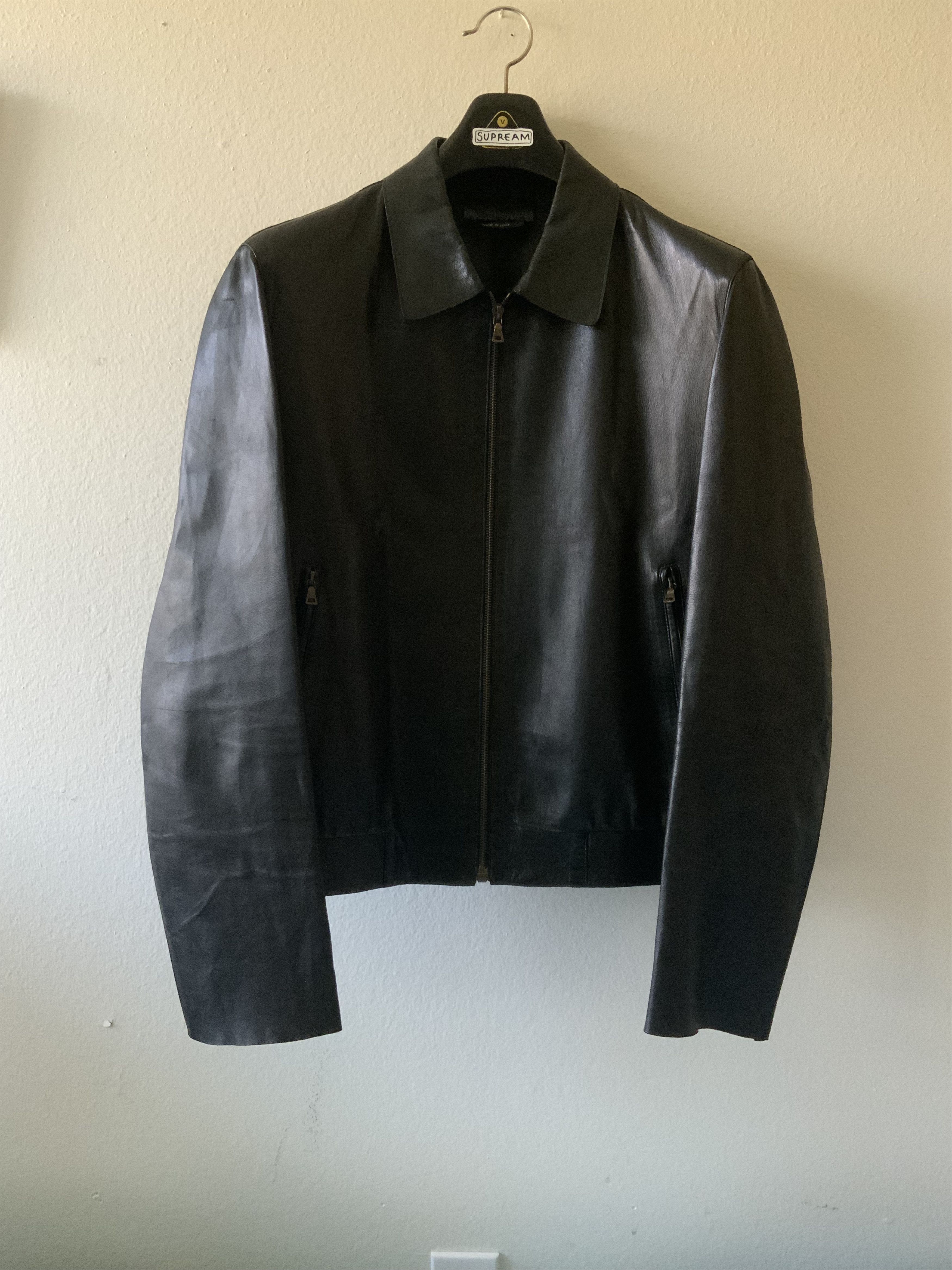 image of Archival Clothing x Prada 2000 Prada Cropped Unlined Lambskin Single Rider Jacket in Black (Size Me