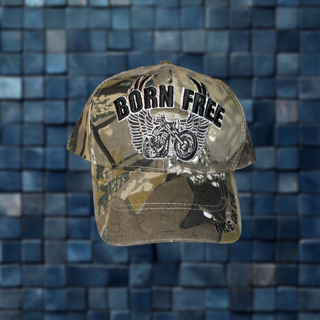 Vintage ACE MOTORCYCLE WINGS BORN FREE RIDE OR DIE BASEBALL CAP Adjustable Camouflage Mens Size ONE SIZE - 1 Thumbnail