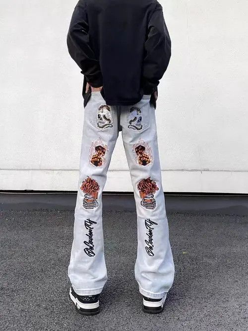 VIBE Street Hip Hop Flame Skull Embroidered Jeans Size US 34 / EU 50 - 4 Thumbnail