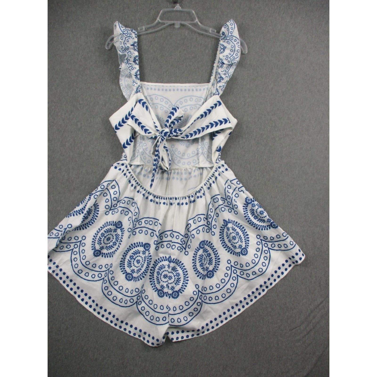 Shein Emery Rose Romper Womens Large White Blue Ruffle Strap Tie Back Boho Print Size 36" / US 14 / IT 50 - 5 Thumbnail