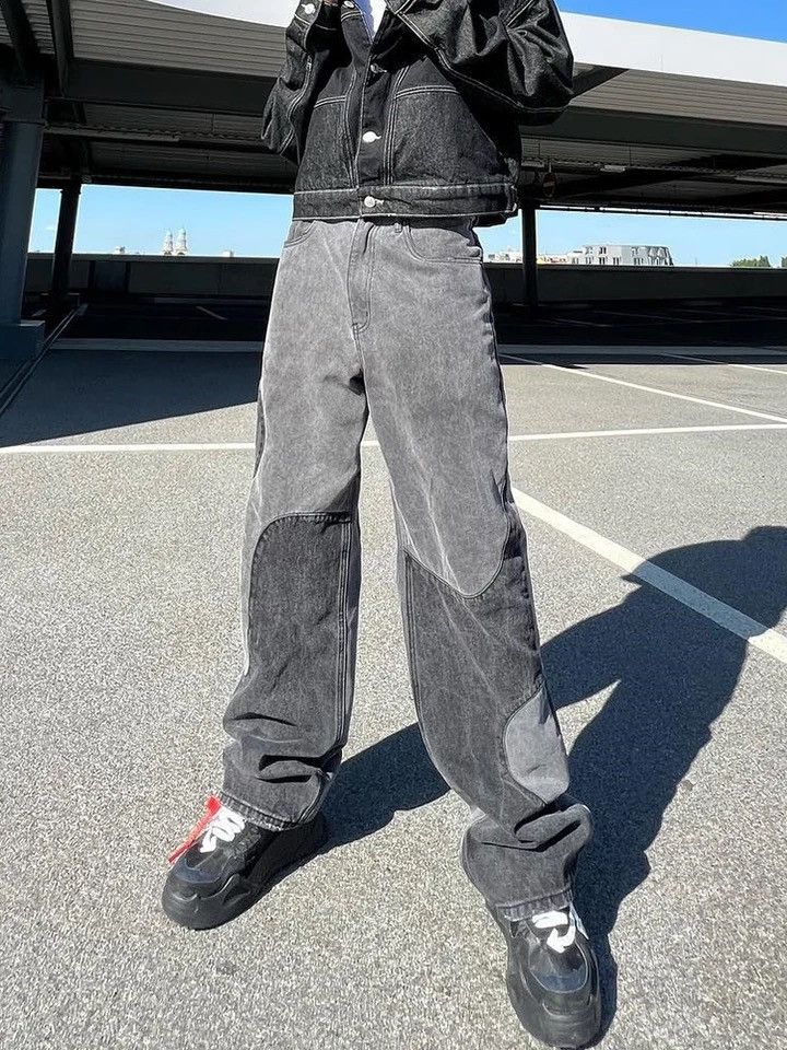 image of Distressed Denim x Jean Gray Spliced Denim Pants Loose Jean in Blue, Men's (Size 32)